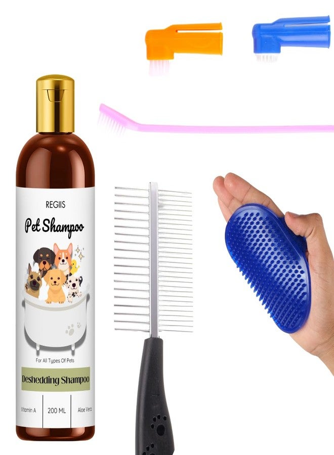 REGIIS Pet Grooming Kit with Deshedding Shampoo, Metal Comb, Brush Set, 200ml Dog and Cat Cleaning Solution with Vitamin A and Aloe Vera(Pack of 4) - Image 1